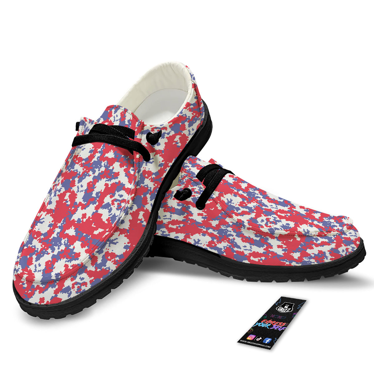 White Digital Camo And Blue Red Print Black Loafers-grizzshop
