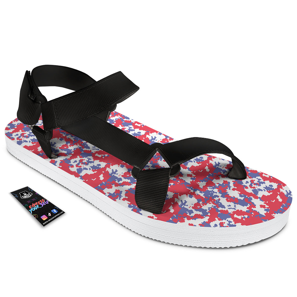 White Digital Camo And Blue Red Print Black Open Toe Sandals-grizzshop