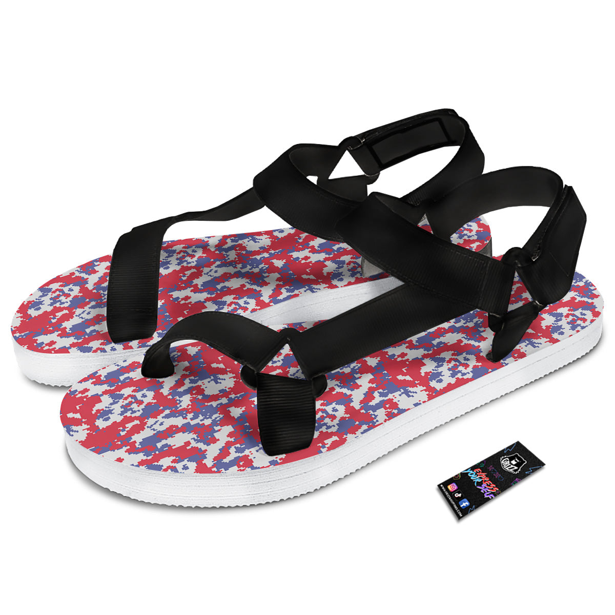 White Digital Camo And Blue Red Print Black Open Toe Sandals-grizzshop