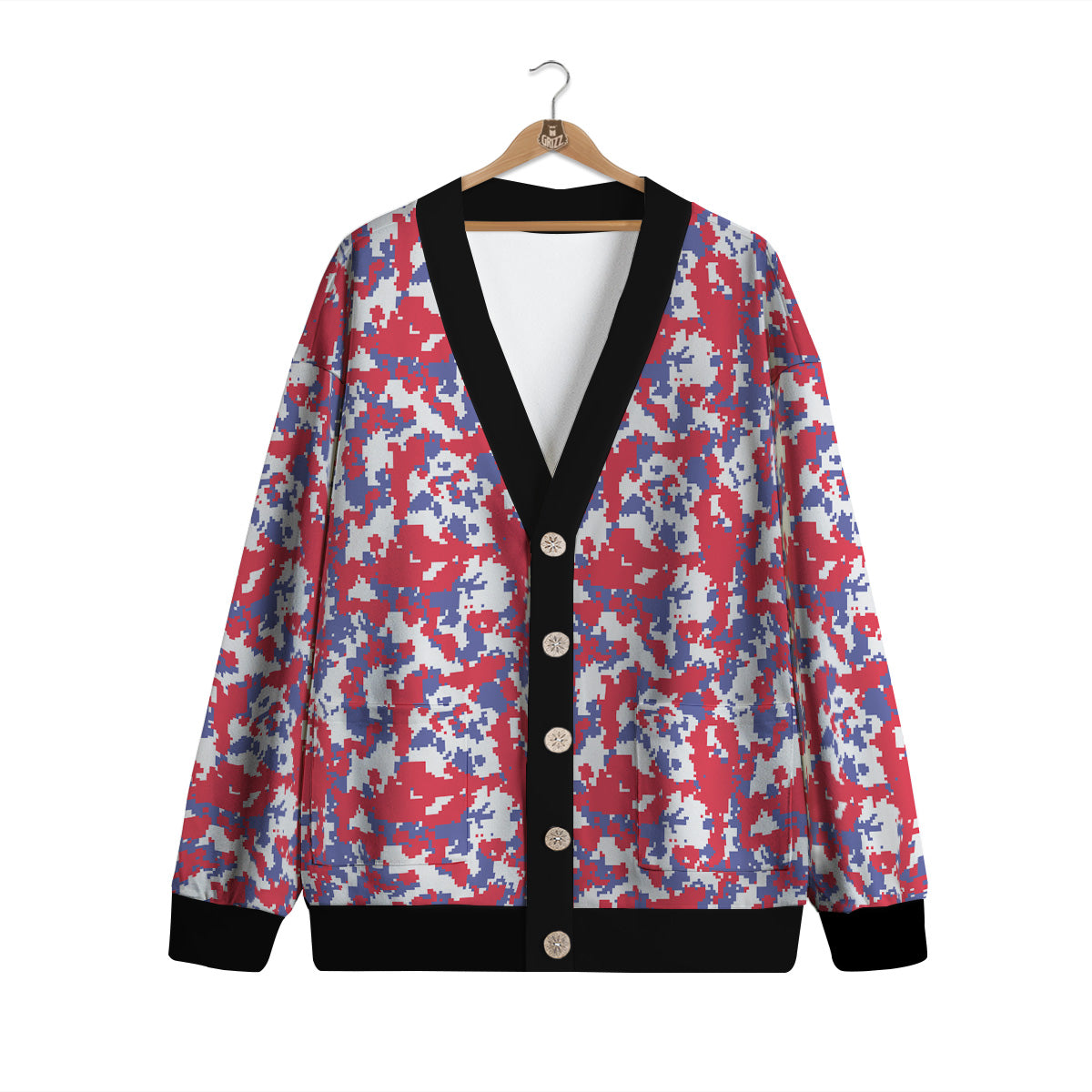 White Digital Camo And Blue Red Print Cardigan-grizzshop