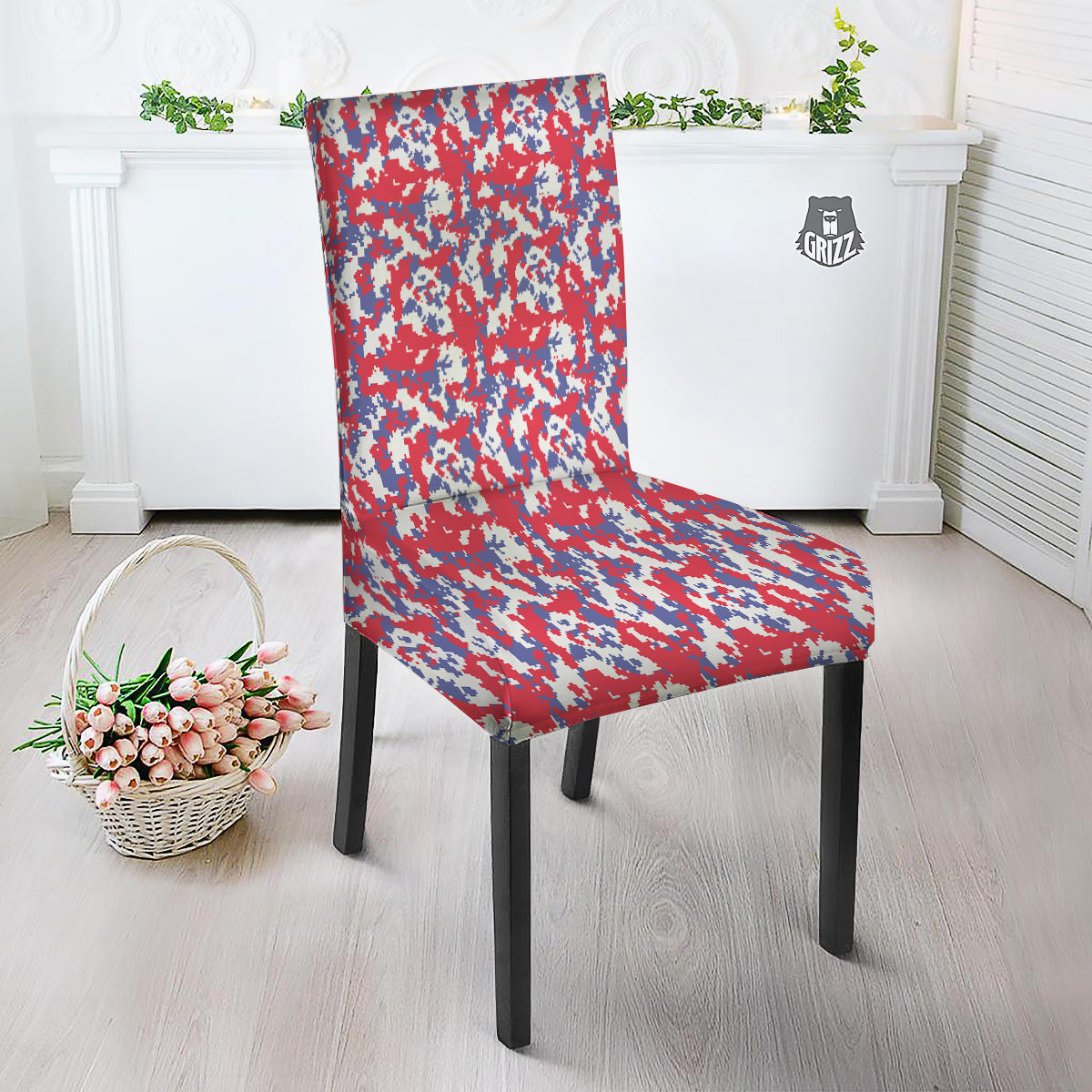 White Digital Camo And Blue Red Print Dining Chair Slipcover-grizzshop