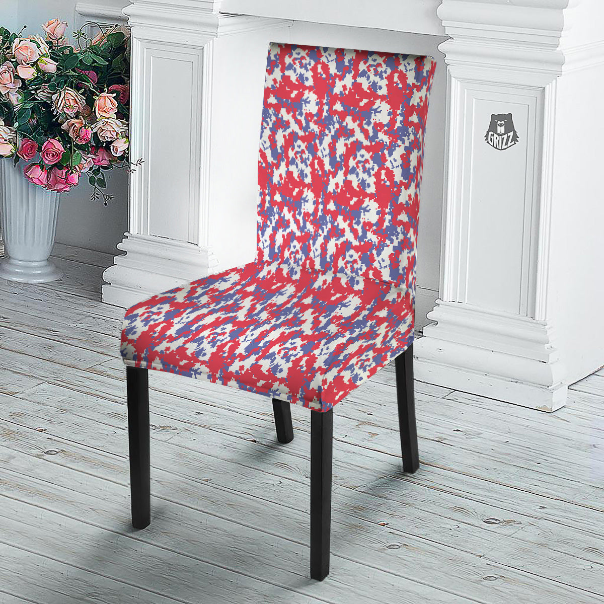 White Digital Camo And Blue Red Print Dining Chair Slipcover-grizzshop