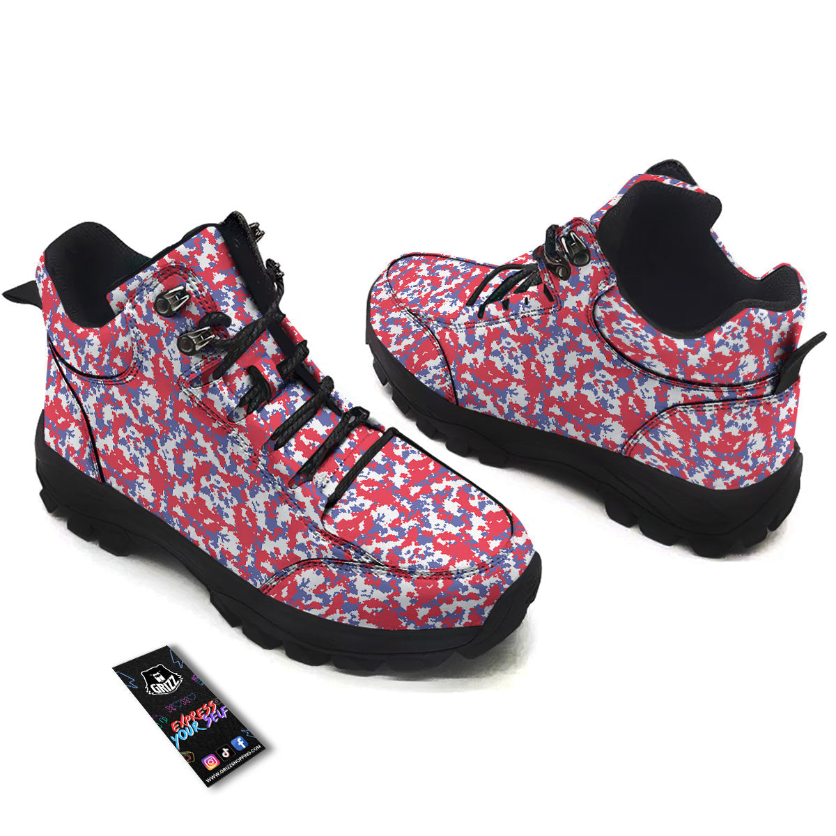 White Digital Camo And Blue Red Print Hiking Shoes-grizzshop