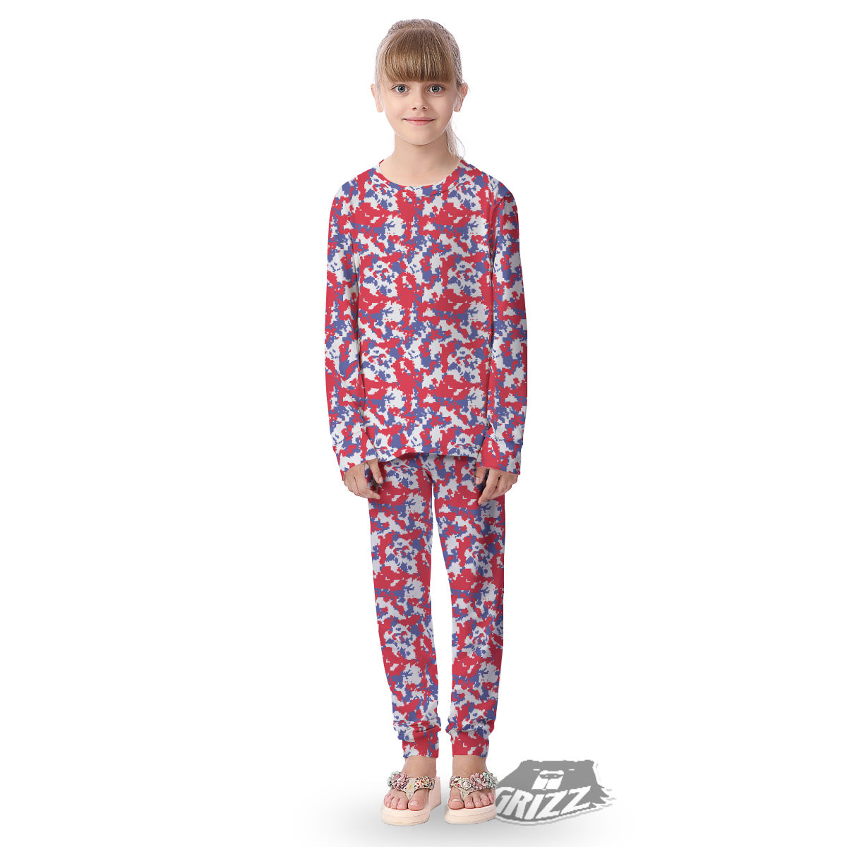 White Digital Camo And Blue Red Print Kid's Pajamas-grizzshop