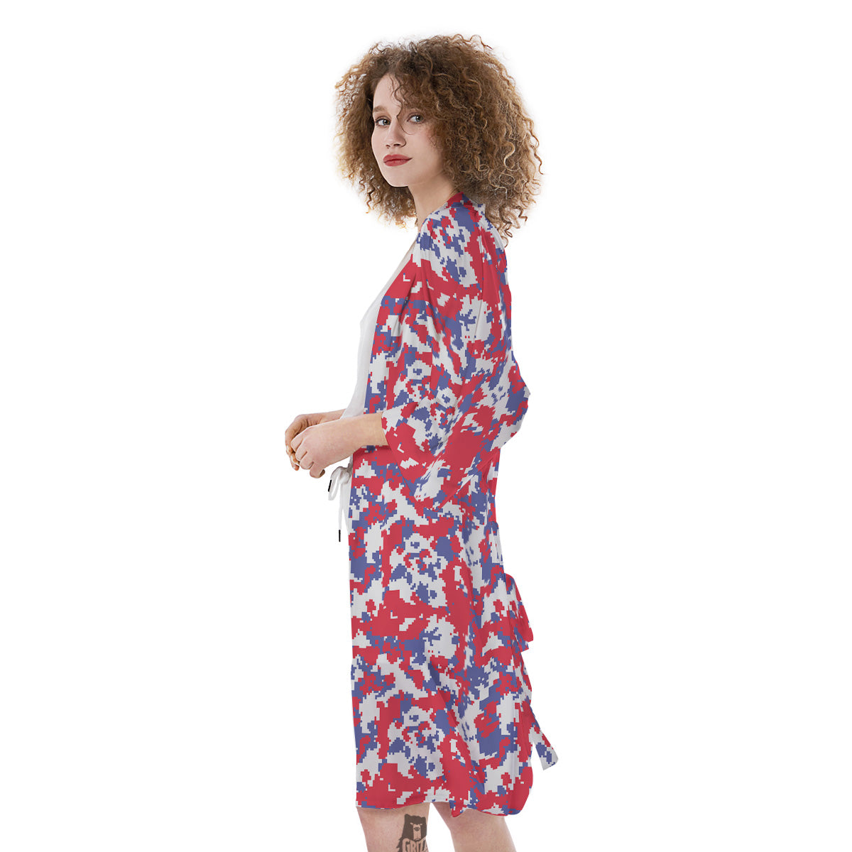 White Digital Camo And Blue Red Print Kimono-grizzshop
