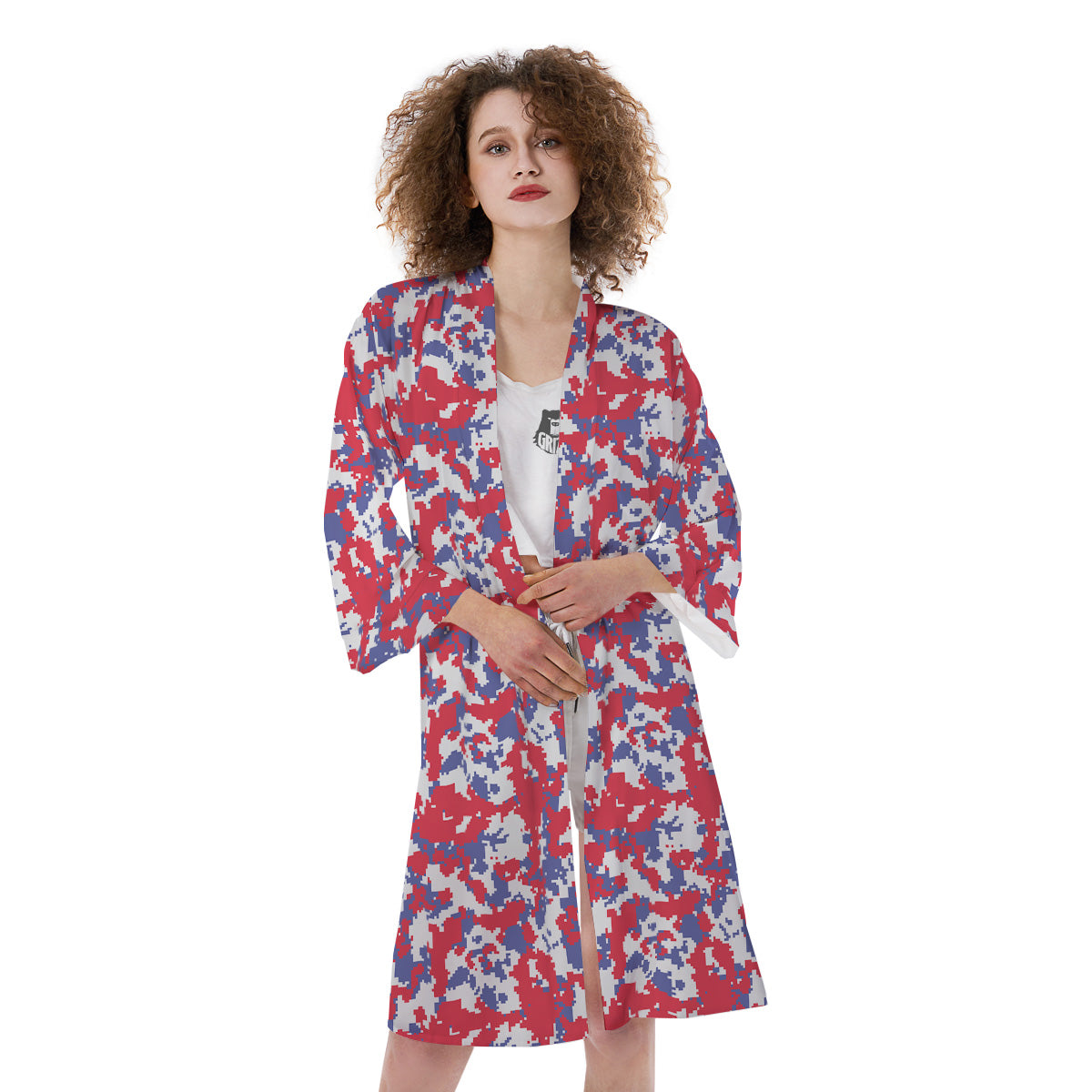 White Digital Camo And Blue Red Print Kimono-grizzshop