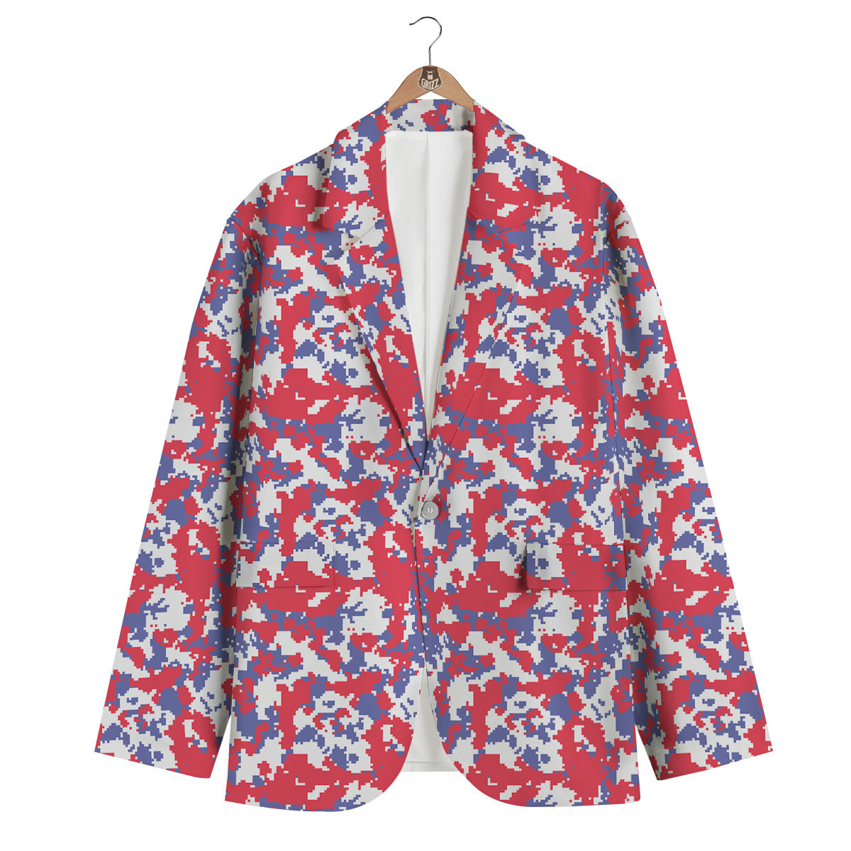 White Digital Camo And Blue Red Print Men's Blazer-grizzshop