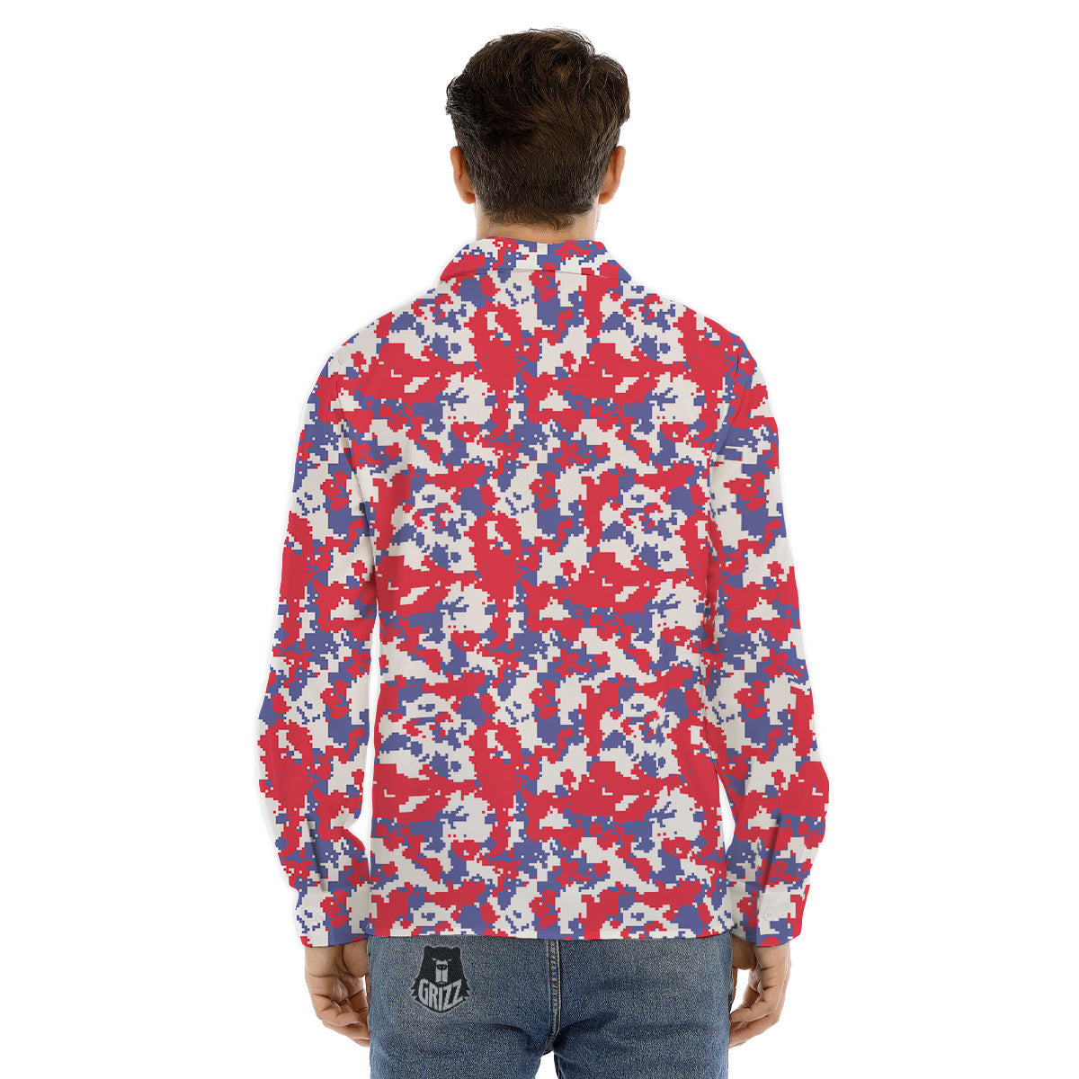 White Digital Camo And Blue Red Print Men's Dress Shirts-grizzshop