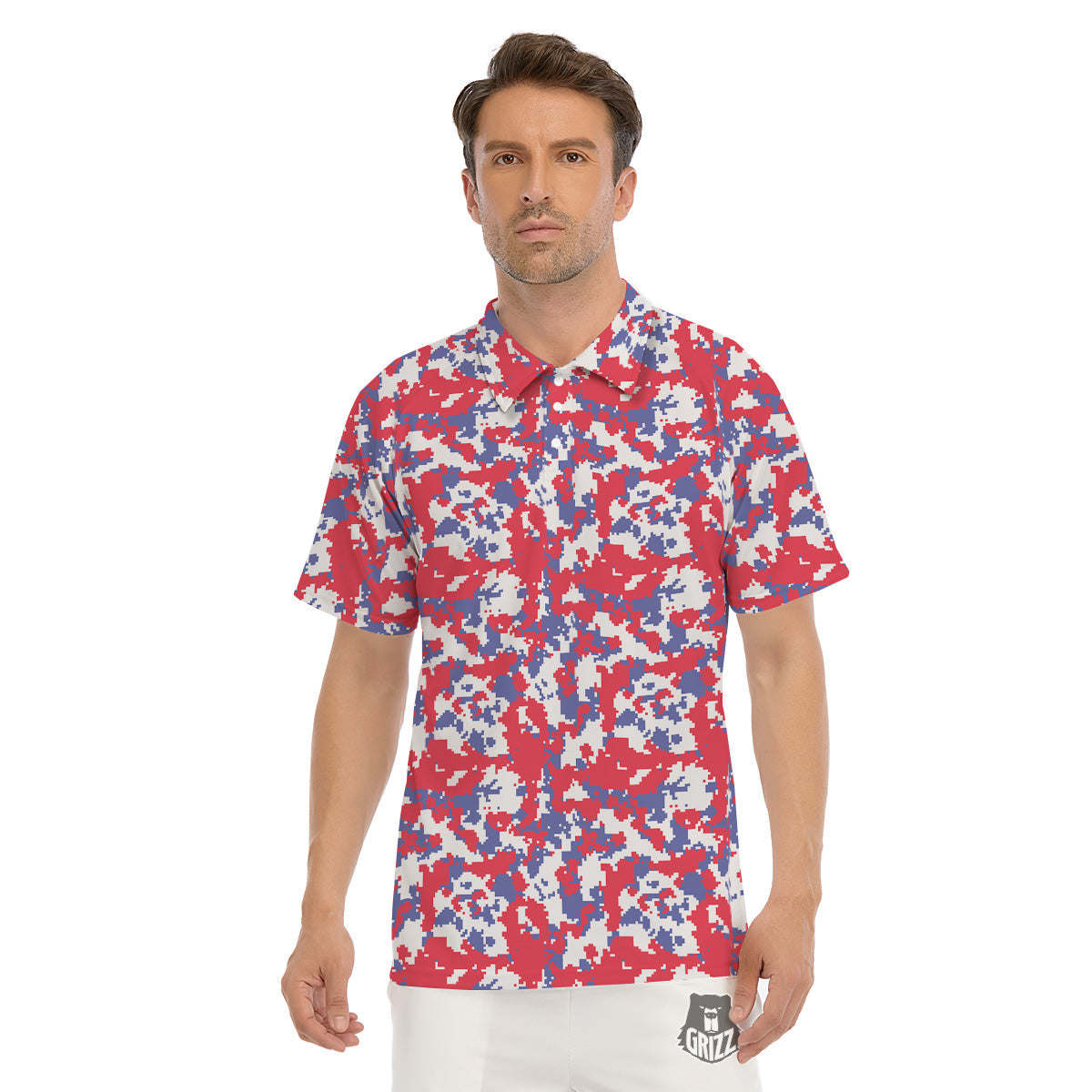 White Digital Camo And Blue Red Print Men's Golf Shirts-grizzshop