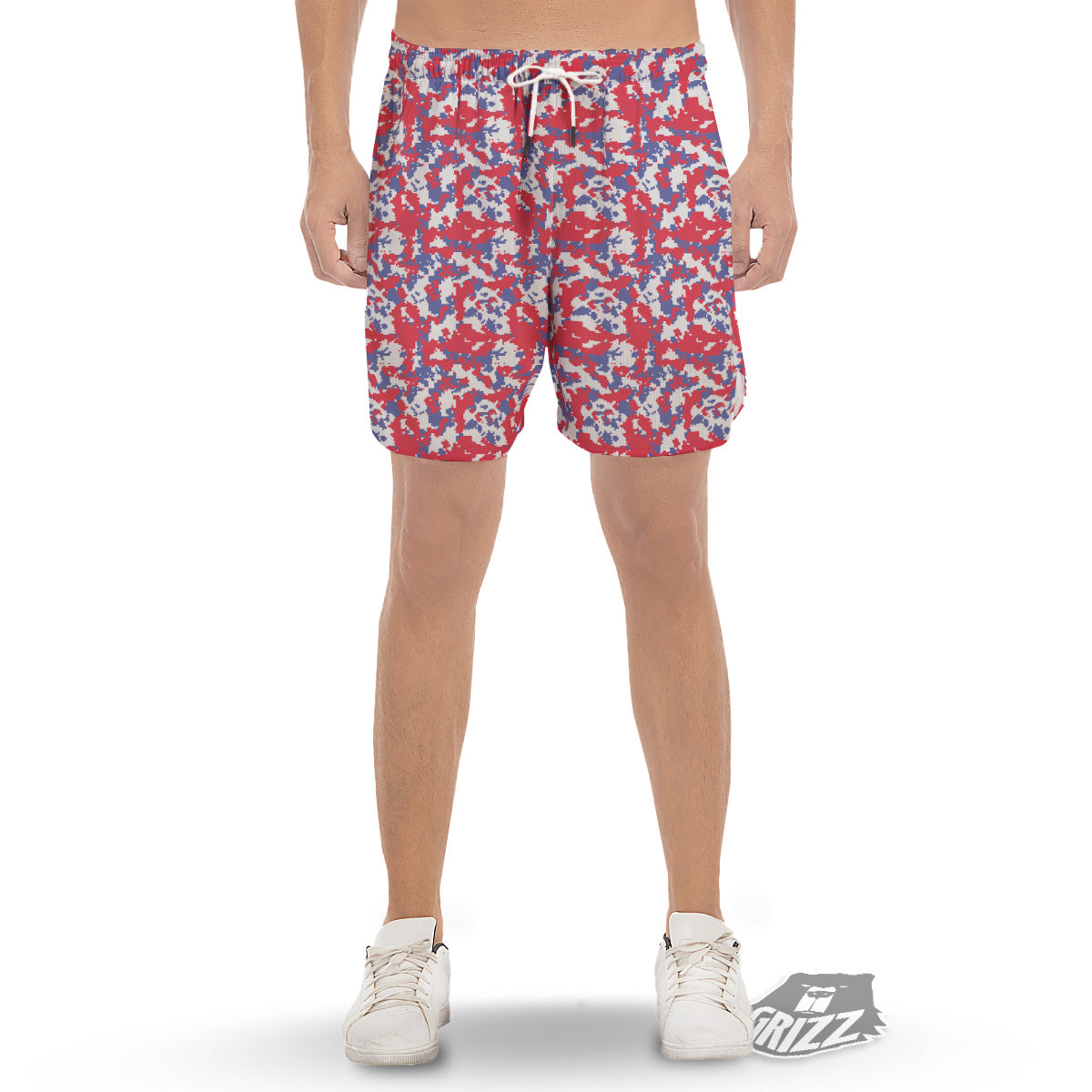 White Digital Camo And Blue Red Print Men's Gym Shorts-grizzshop