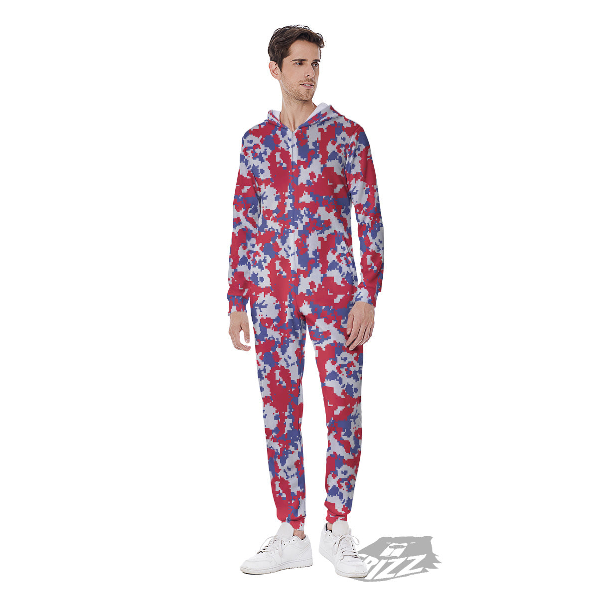 White Digital Camo And Blue Red Print Men's Jumpsuit-grizzshop