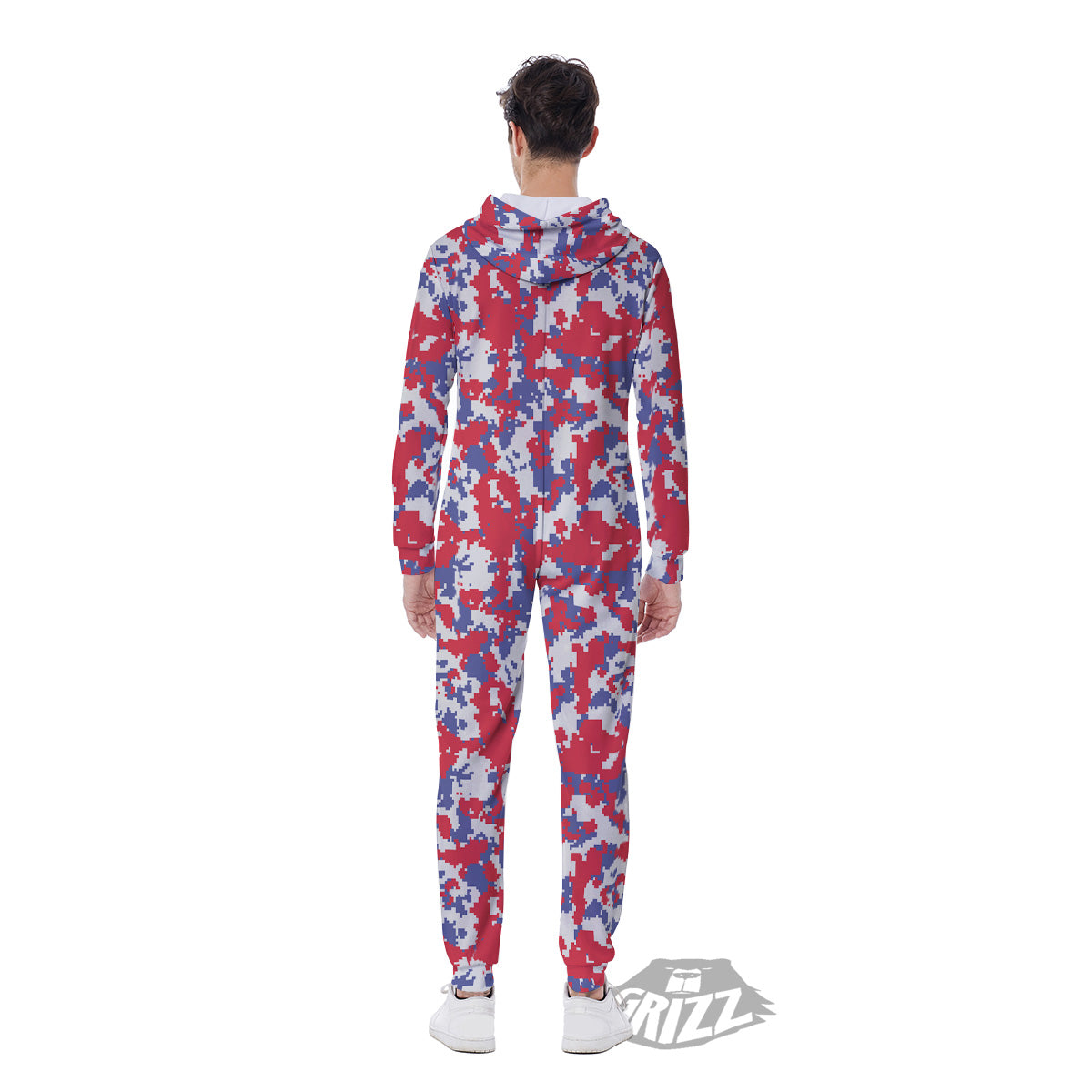 White Digital Camo And Blue Red Print Men's Jumpsuit-grizzshop