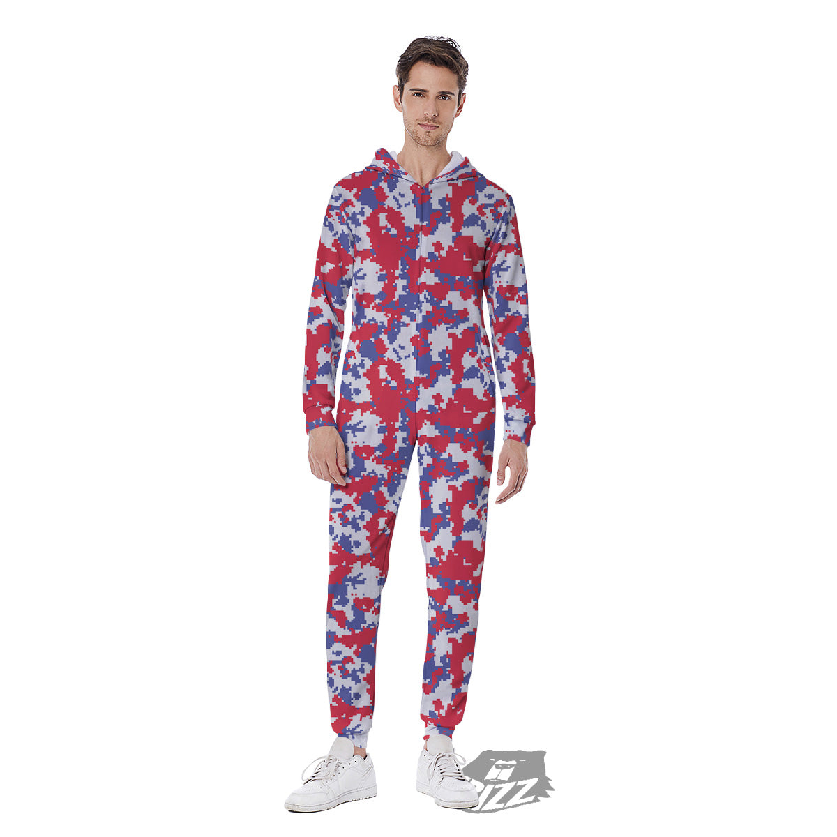 White Digital Camo And Blue Red Print Men's Jumpsuit-grizzshop