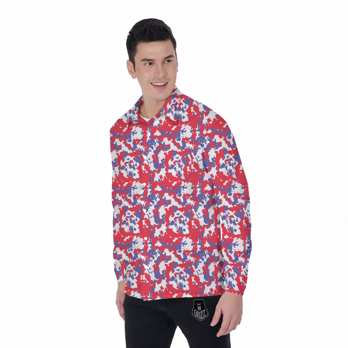 White Digital Camo And Blue Red Print Men's Long Sleeve Shirts-grizzshop