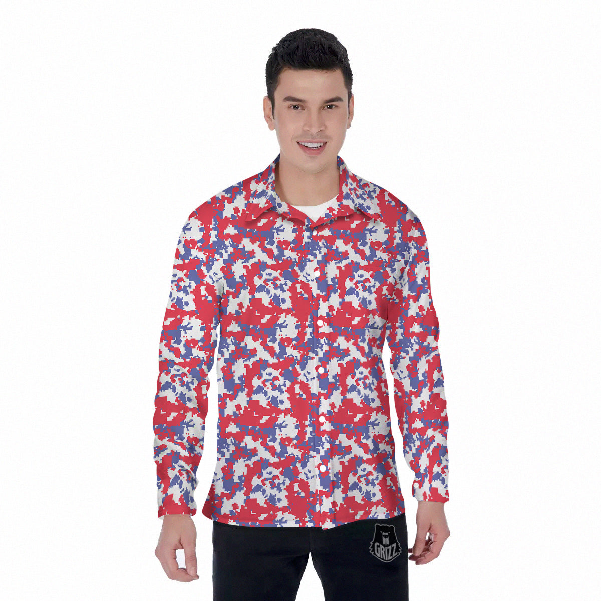 White Digital Camo And Blue Red Print Men's Long Sleeve Shirts-grizzshop