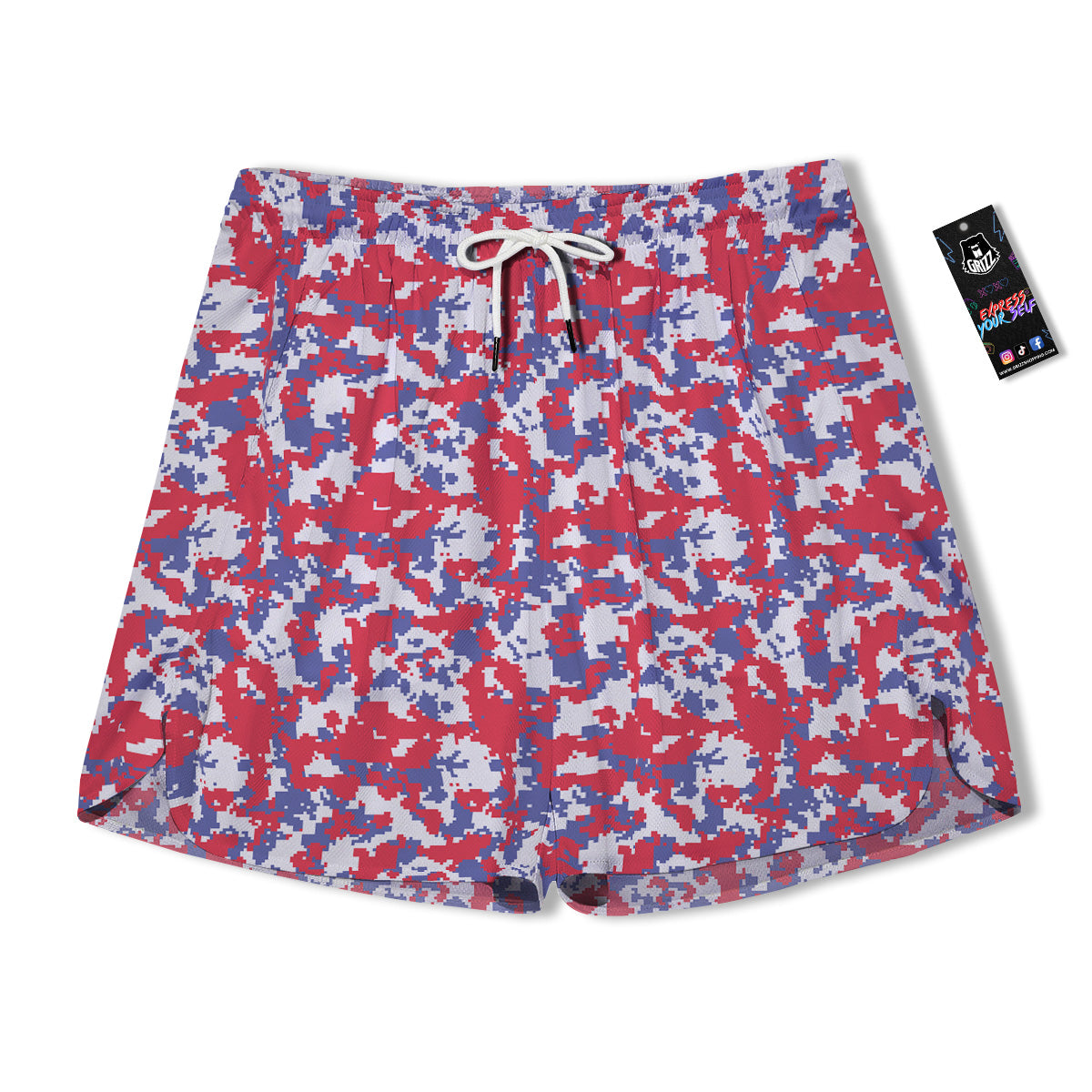 White Digital Camo And Blue Red Print Men's Running Shorts-grizzshop