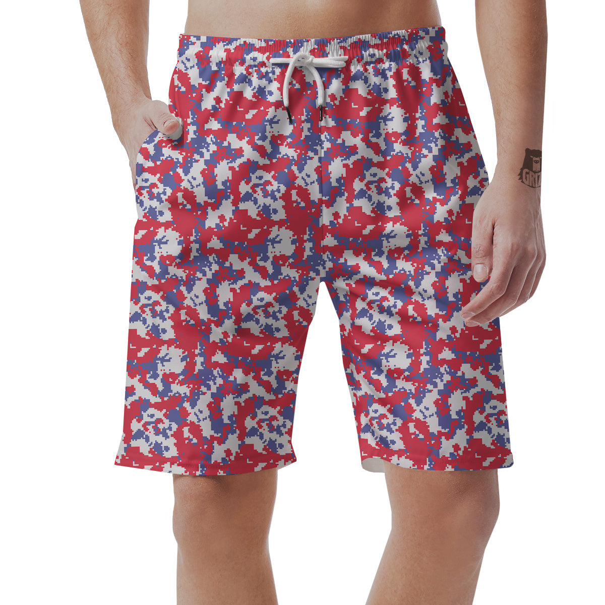 White Digital Camo And Blue Red Print Men's Shorts-grizzshop