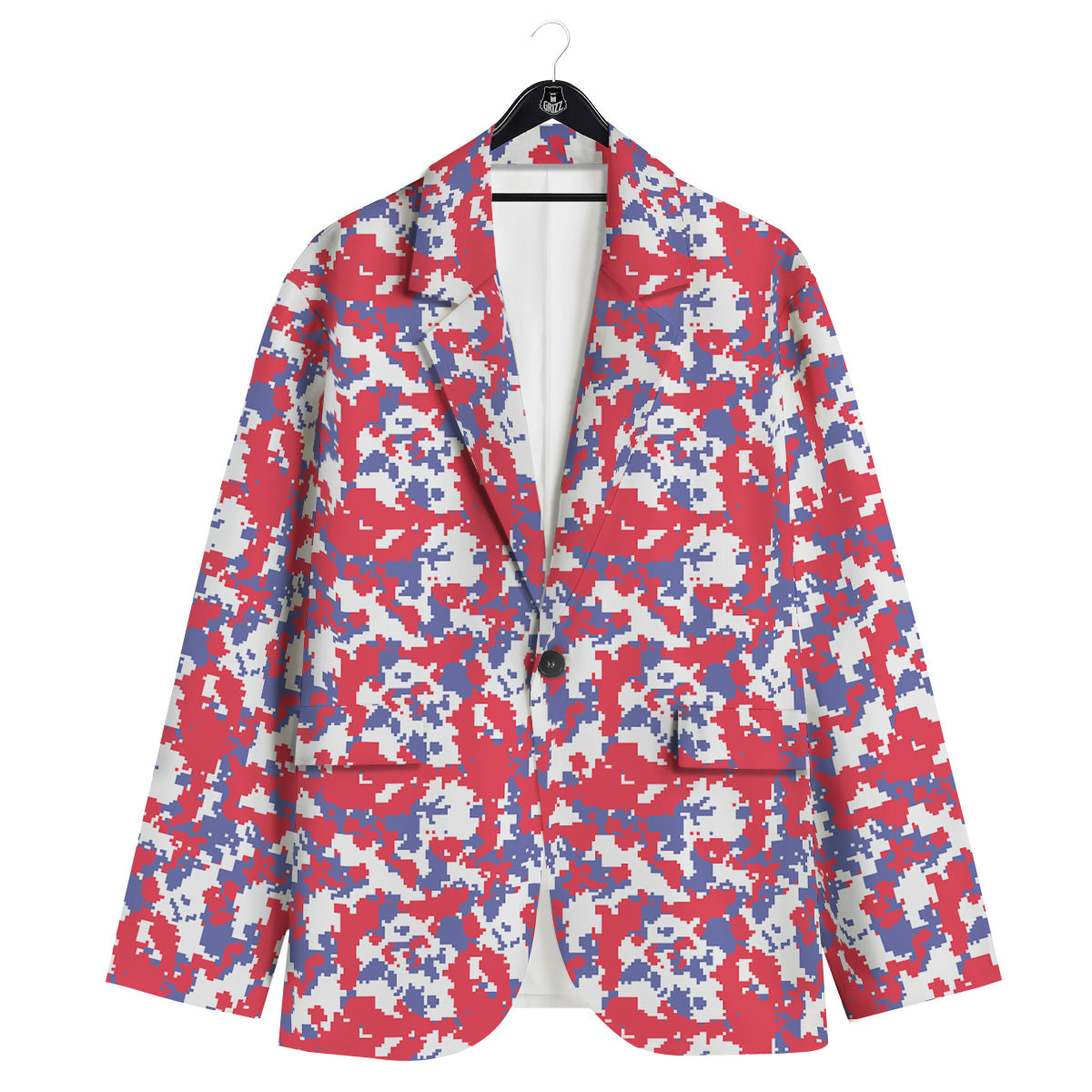 White Digital Camo And Blue Red Print Men's Sport Coat-grizzshop