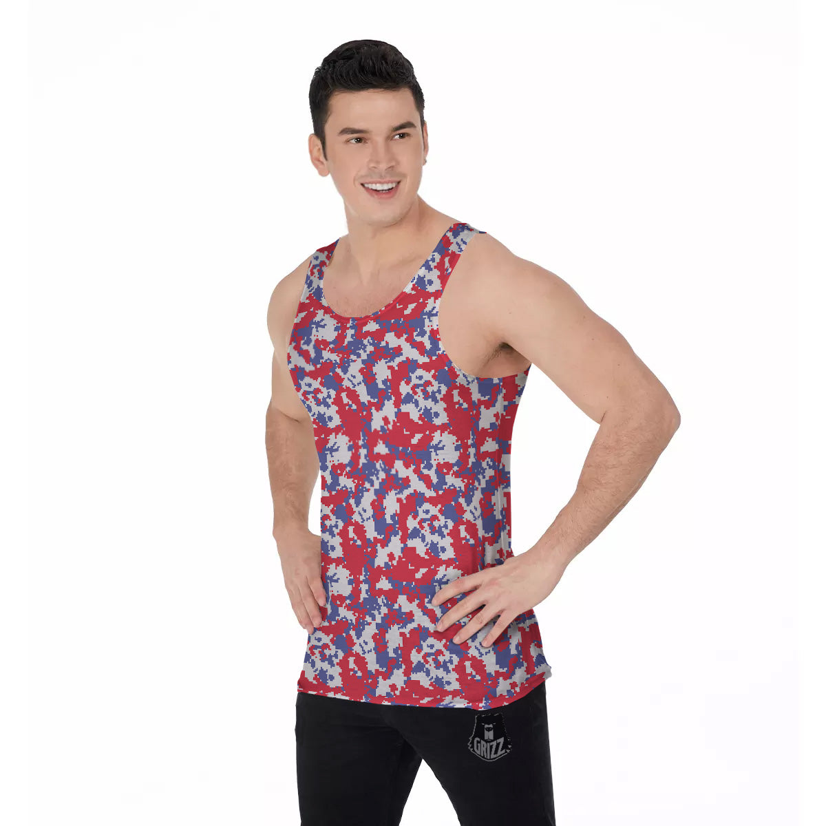 White Digital Camo And Blue Red Print Men's Tank Top-grizzshop