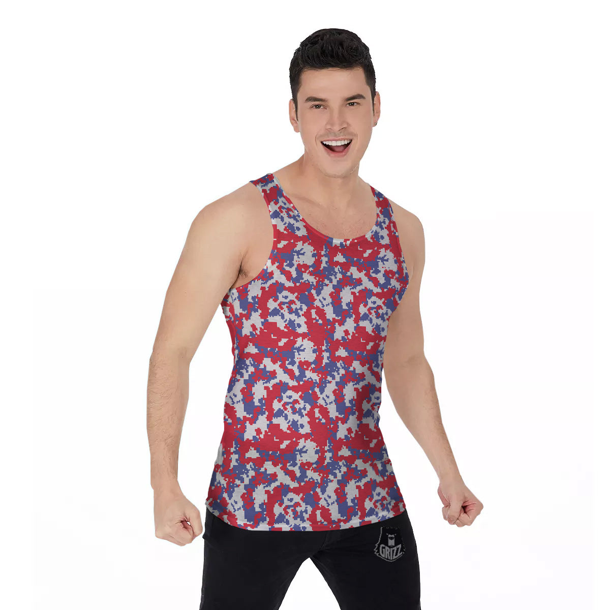 White Digital Camo And Blue Red Print Men's Tank Top-grizzshop