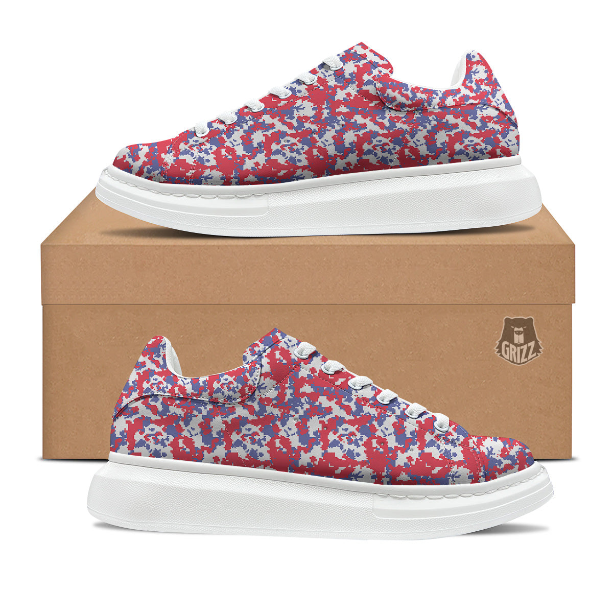 White Digital Camo And Blue Red Print Platform Shoes-grizzshop