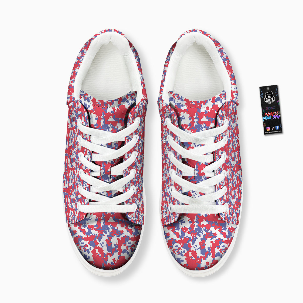 White Digital Camo And Blue Red Print Platform Shoes-grizzshop