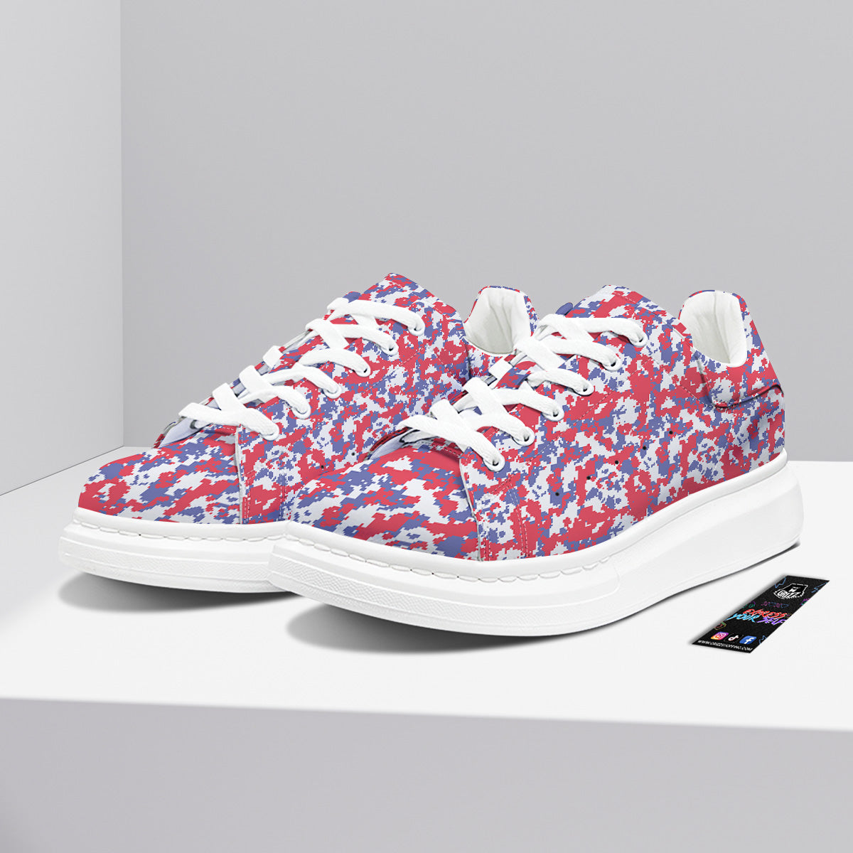 White Digital Camo And Blue Red Print Platform Shoes-grizzshop