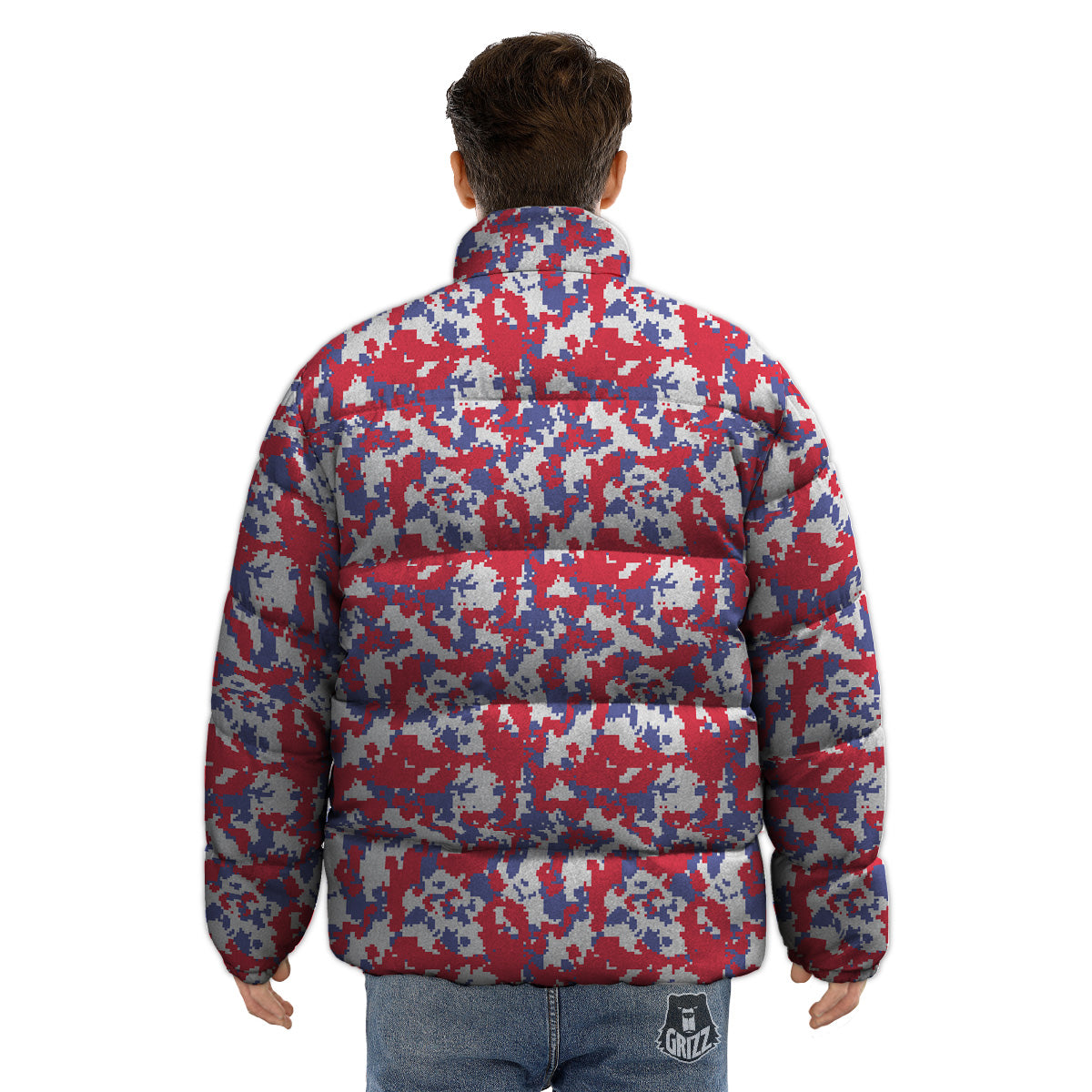 White Digital Camo And Blue Red Print Puffer Jacket-grizzshop