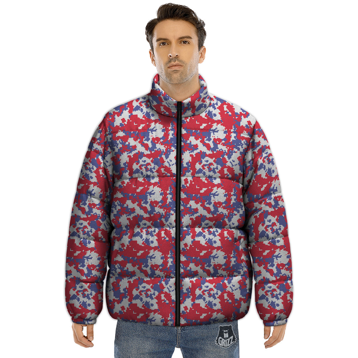 White Digital Camo And Blue Red Print Puffer Jacket-grizzshop