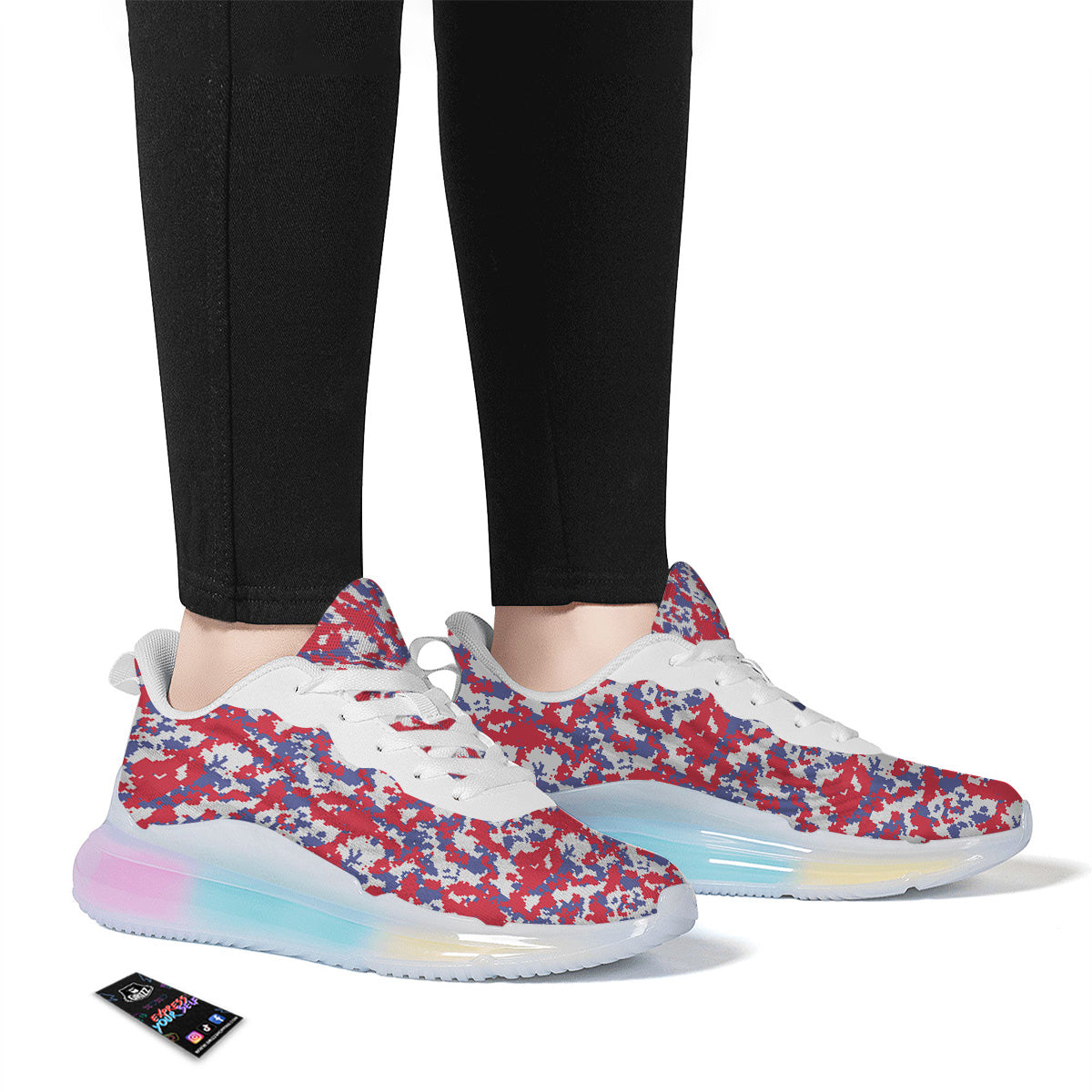 White Digital Camo And Blue Red Print Running Sneakers-grizzshop