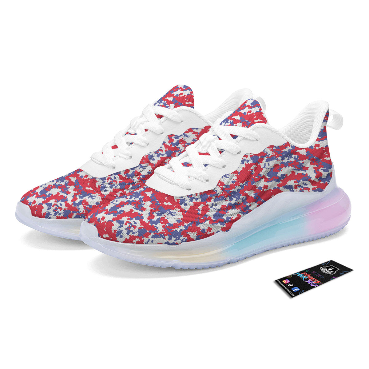 White Digital Camo And Blue Red Print Running Sneakers-grizzshop