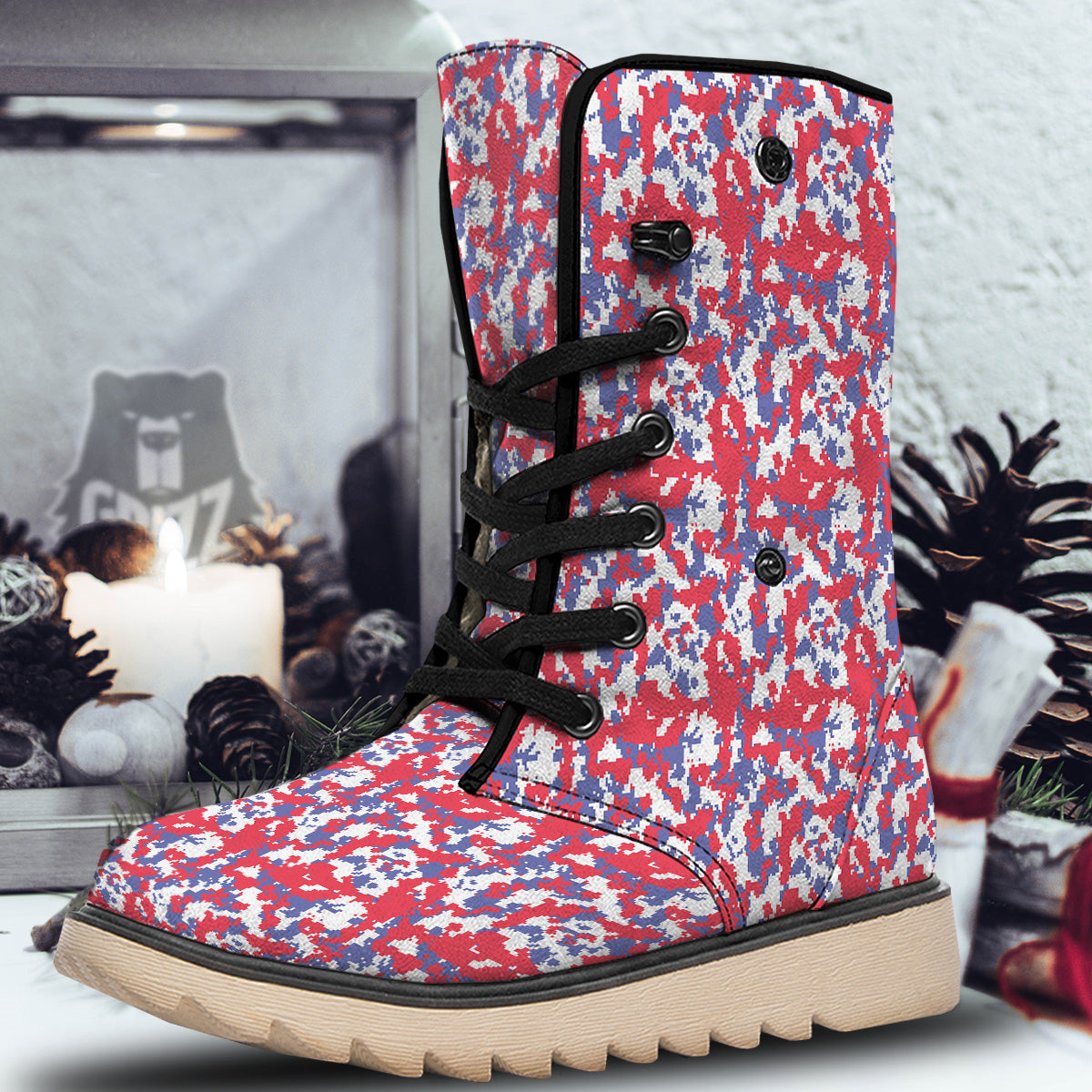 White Digital Camo And Blue Red Print Snow Boots-grizzshop