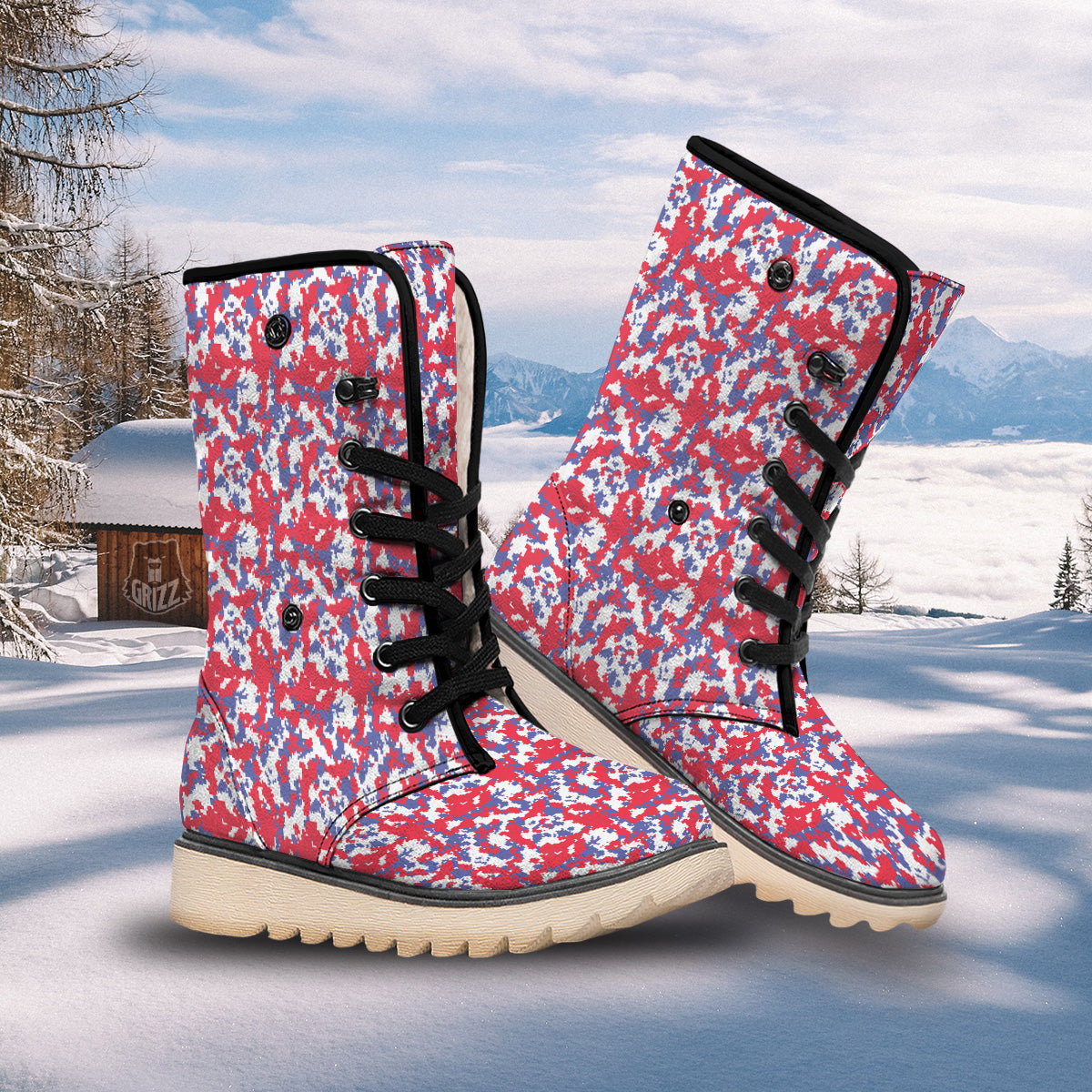 White Digital Camo And Blue Red Print Snow Boots-grizzshop