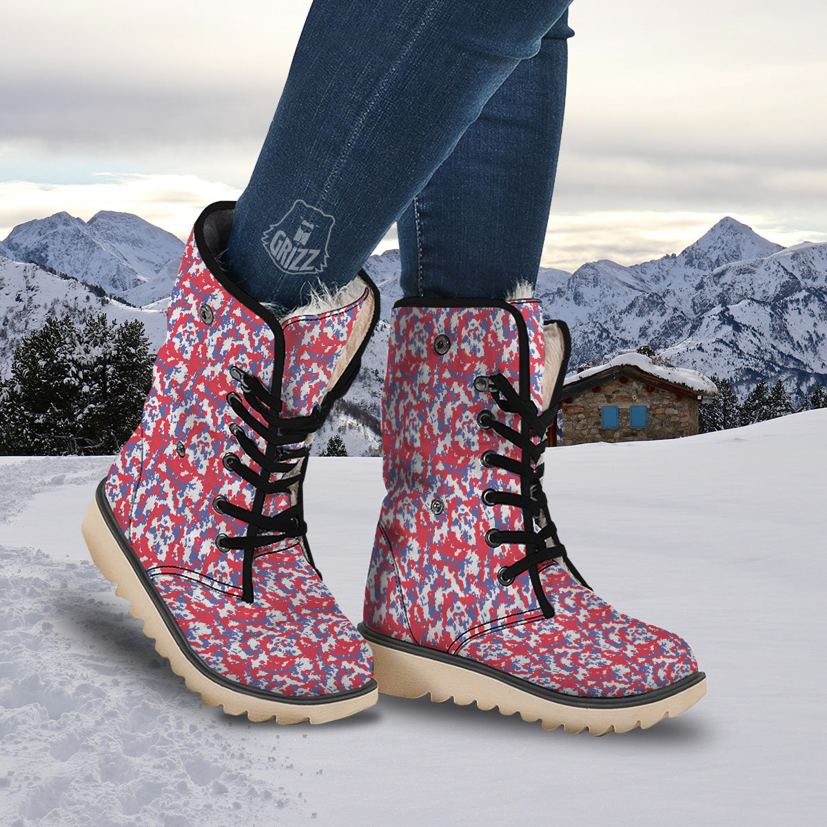 White Digital Camo And Blue Red Print Snow Boots-grizzshop