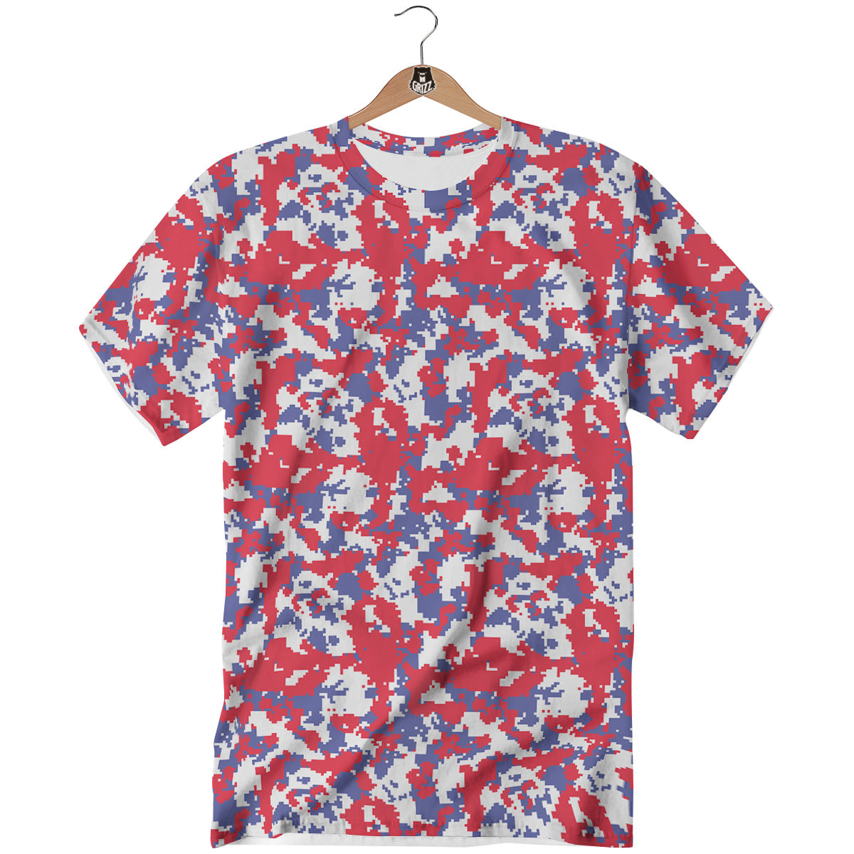 White Digital Camo And Blue Red Print T-Shirt-grizzshop