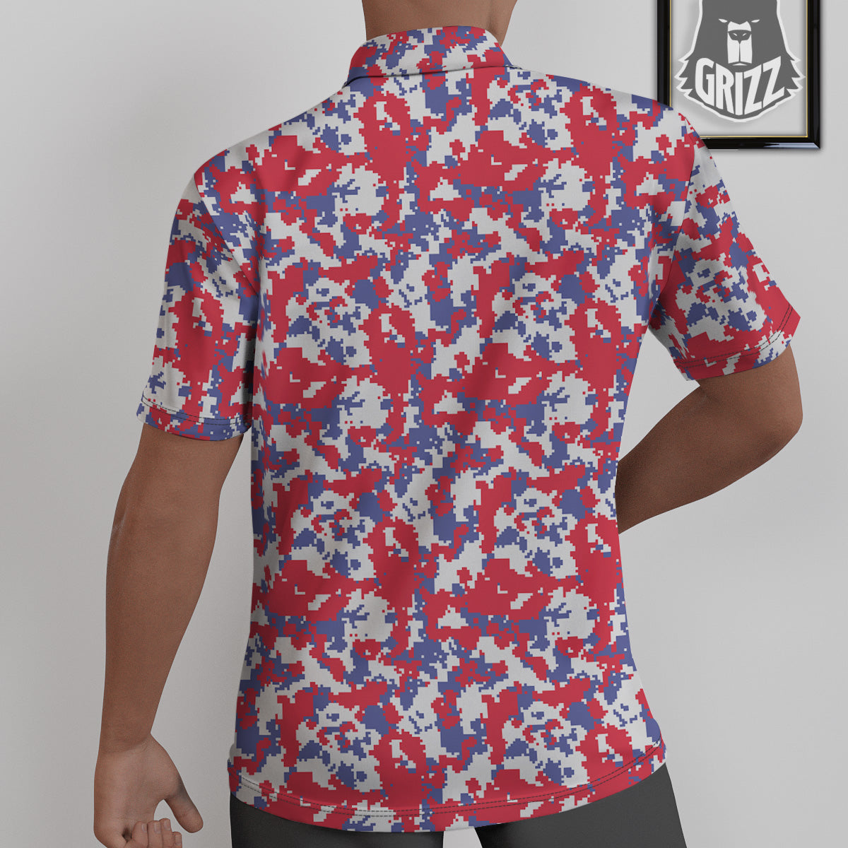 White Digital Camo And Blue Red Print Untucked Shirts-grizzshop