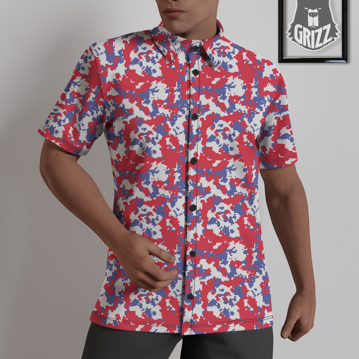 White Digital Camo And Blue Red Print Untucked Shirts-grizzshop