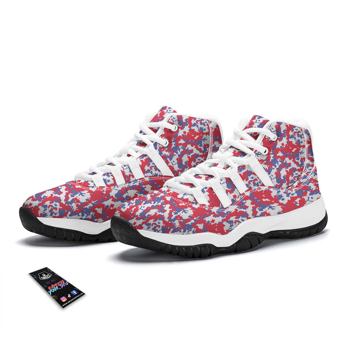 White Digital Camo And Blue Red Print White Bball Shoes-grizzshop