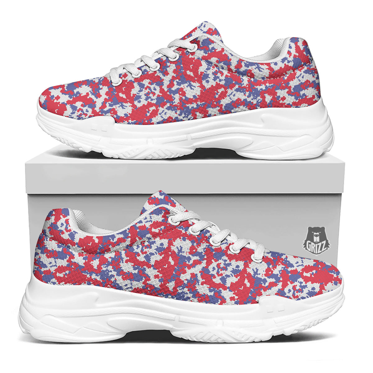 White Digital Camo And Blue Red Print White Chunky Shoes-grizzshop
