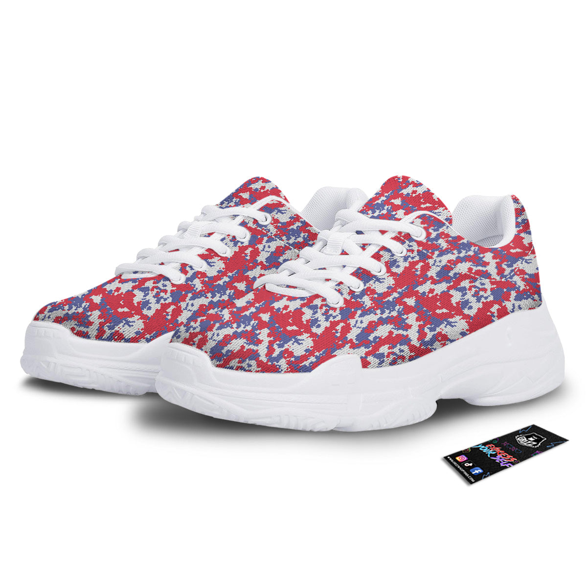 White Digital Camo And Blue Red Print White Chunky Shoes-grizzshop