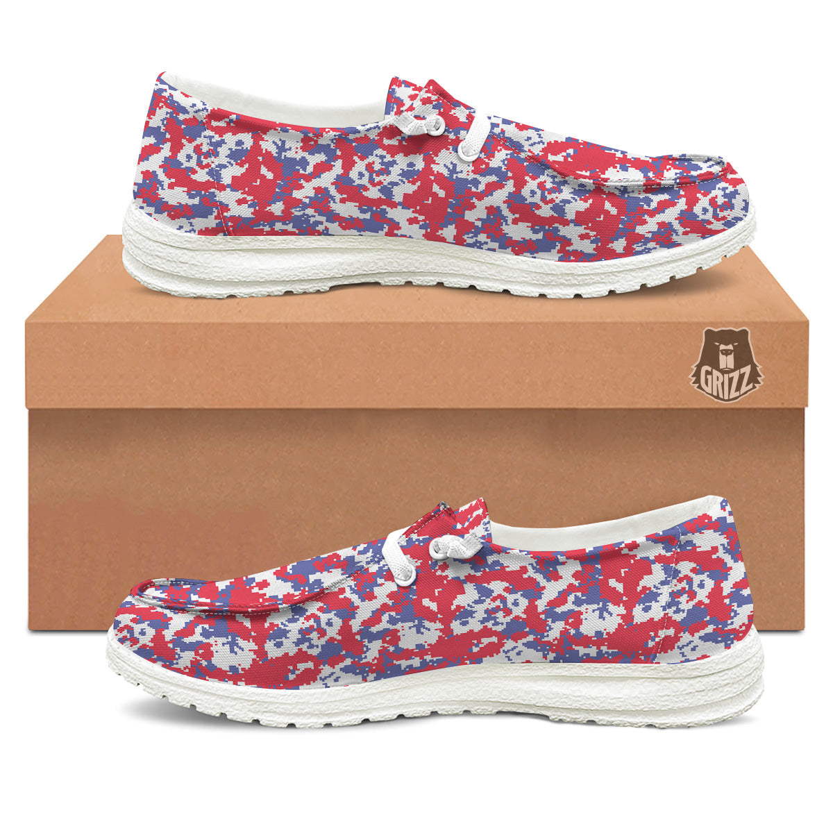 White Digital Camo And Blue Red Print White Loafers-grizzshop