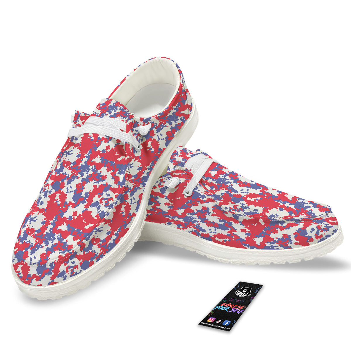 White Digital Camo And Blue Red Print White Loafers-grizzshop