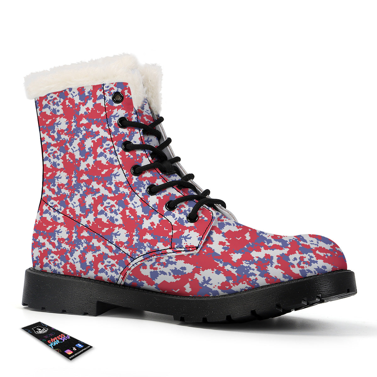 White Digital Camo And Blue Red Print Winter Boots-grizzshop