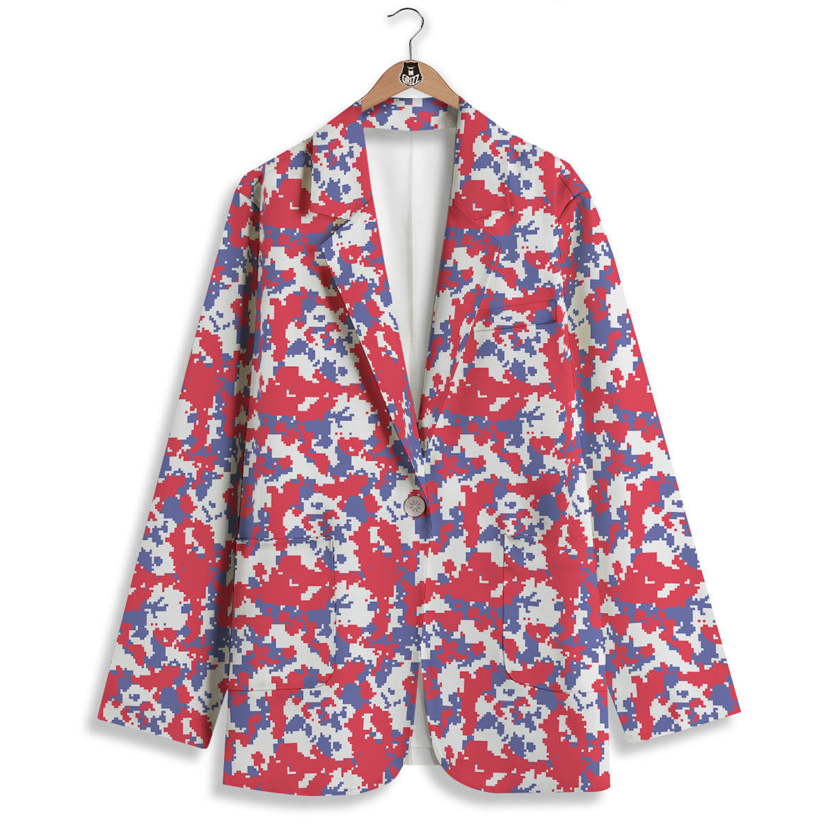 White Digital Camo And Blue Red Print Women's Blazer-grizzshop