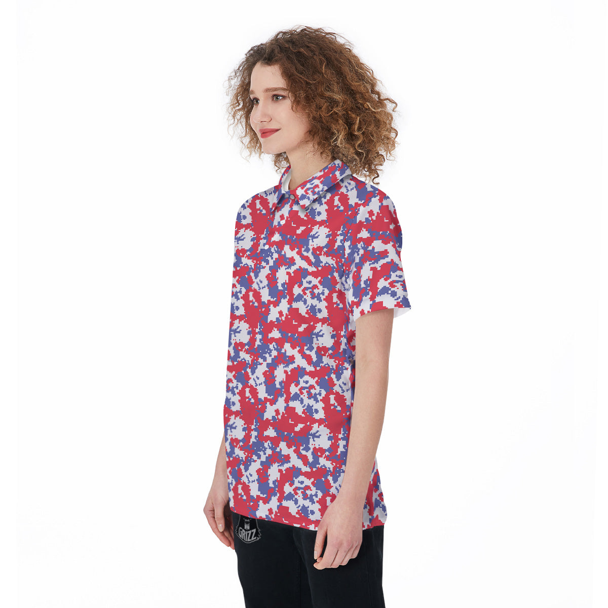 White Digital Camo And Blue Red Print Women's Golf Shirts-grizzshop