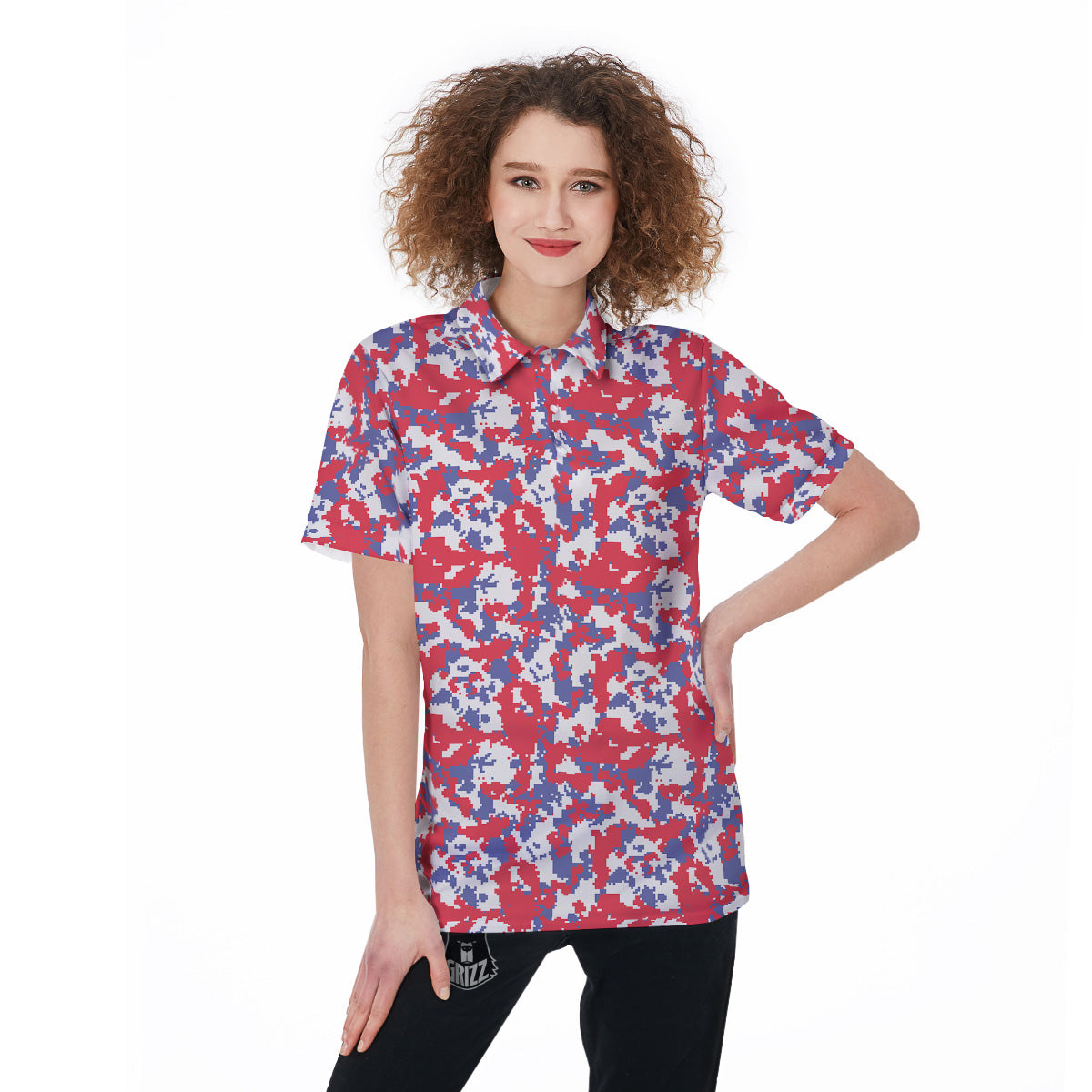White Digital Camo And Blue Red Print Women's Golf Shirts-grizzshop