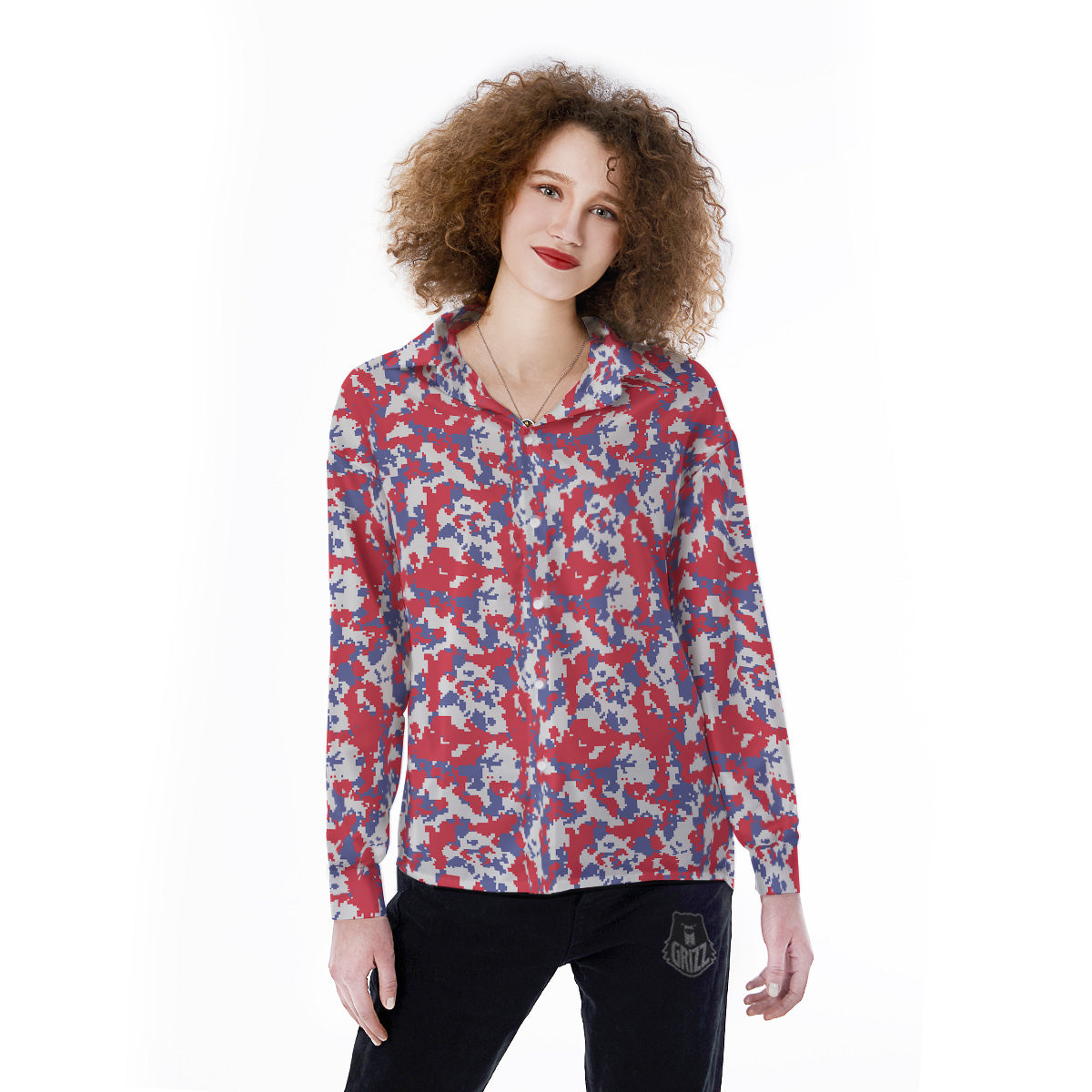 White Digital Camo And Blue Red Print Women's Long Sleeve Shirts-grizzshop