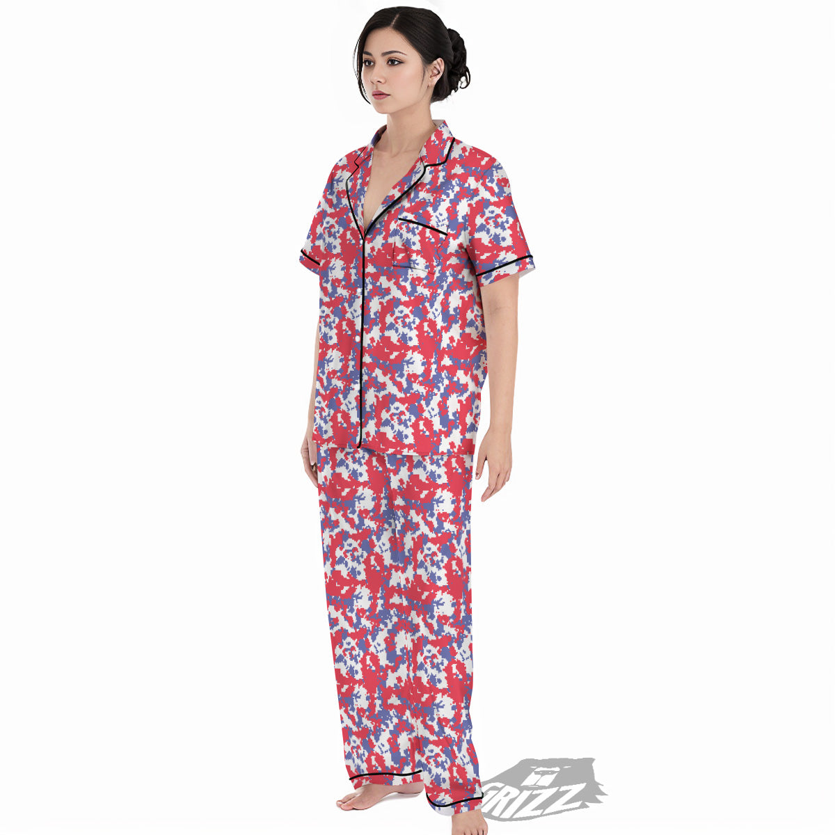 White Digital Camo And Blue Red Print Women's Pajamas Set-grizzshop