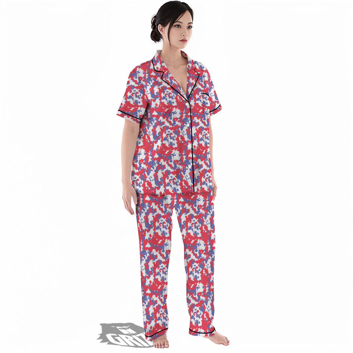 White Digital Camo And Blue Red Print Women's Pajamas Set-grizzshop