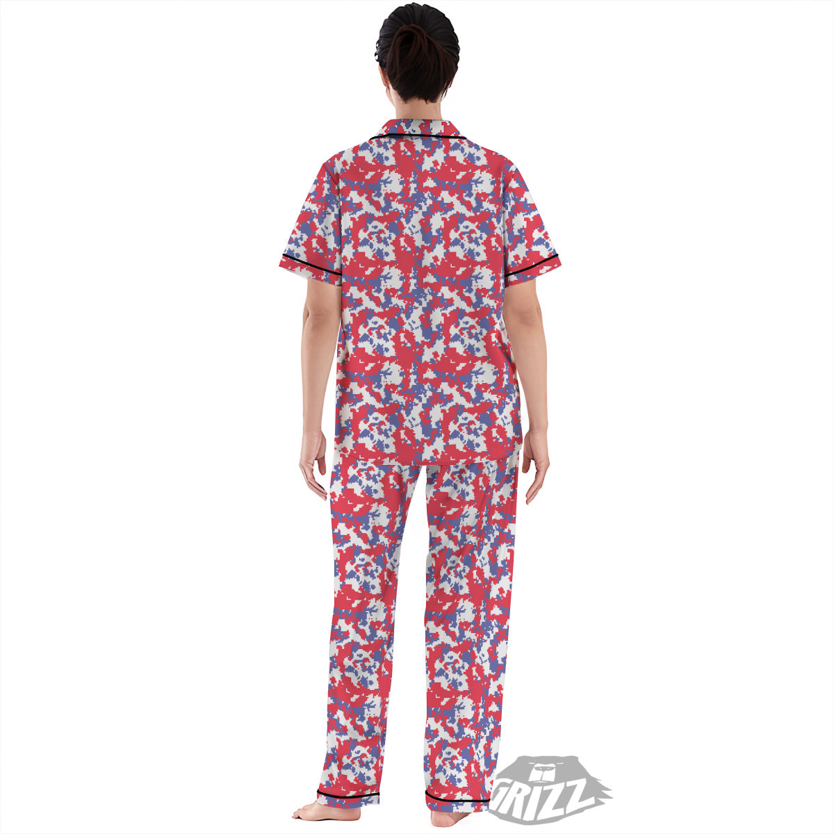 White Digital Camo And Blue Red Print Women's Pajamas Set-grizzshop